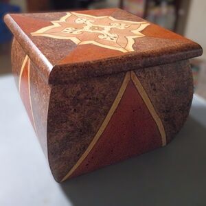 Handmade Painted Wood Keepsake Box Geometric Marquetry Inlay Work Sign on Bottom